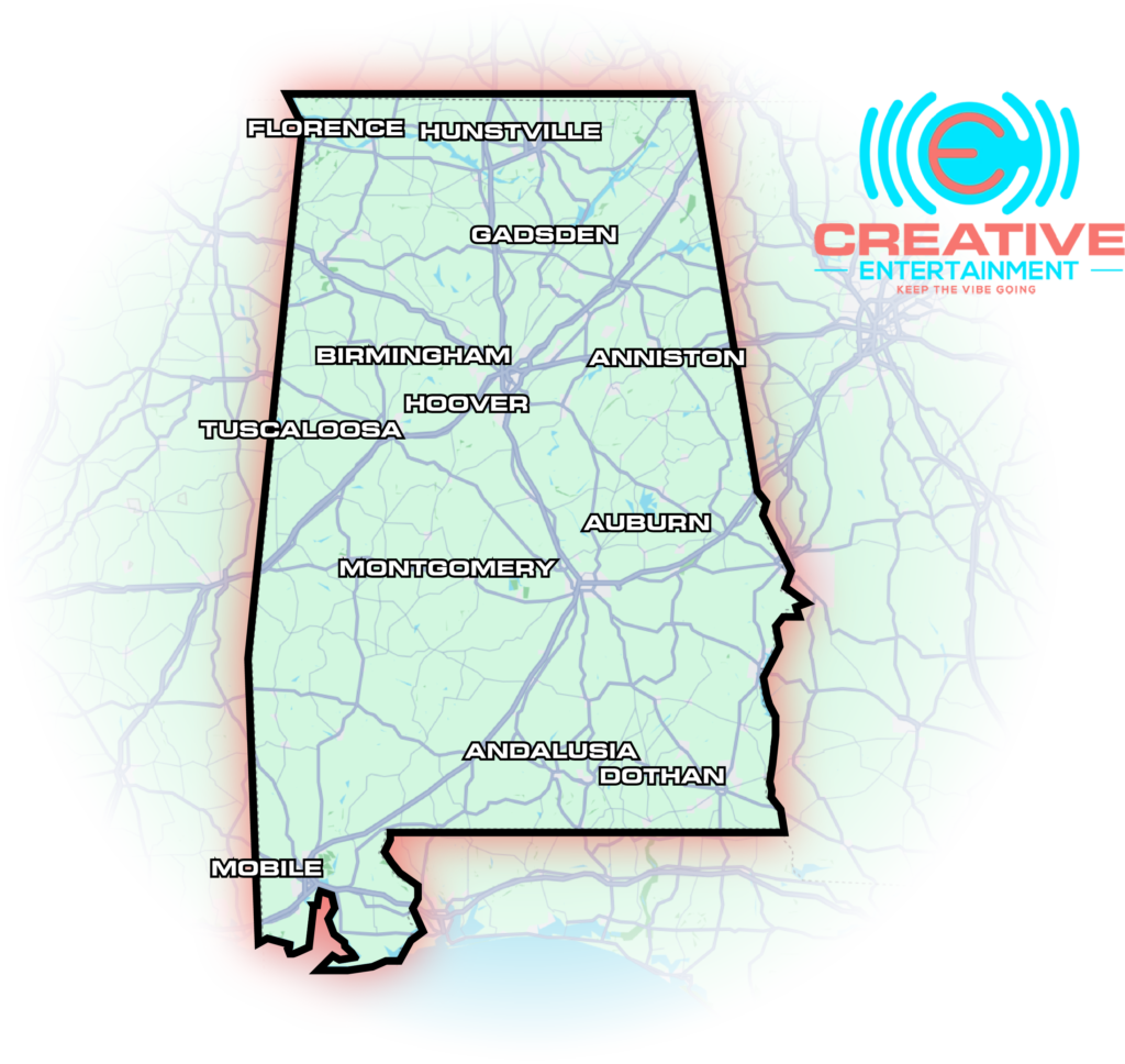 Creative Entertainment service area map across Alabama and the Florida Panhandle