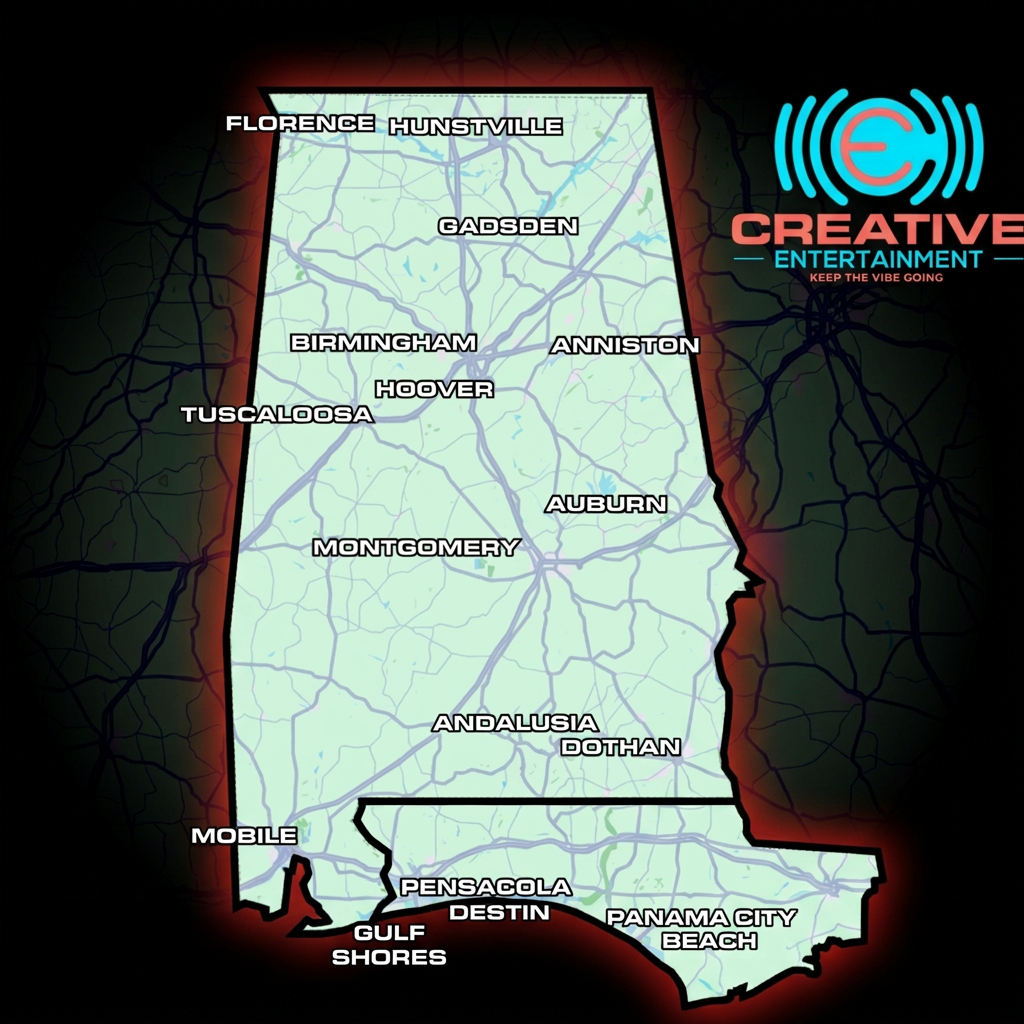Creative Entertainment service area map across Alabama and the Florida Panhandle
