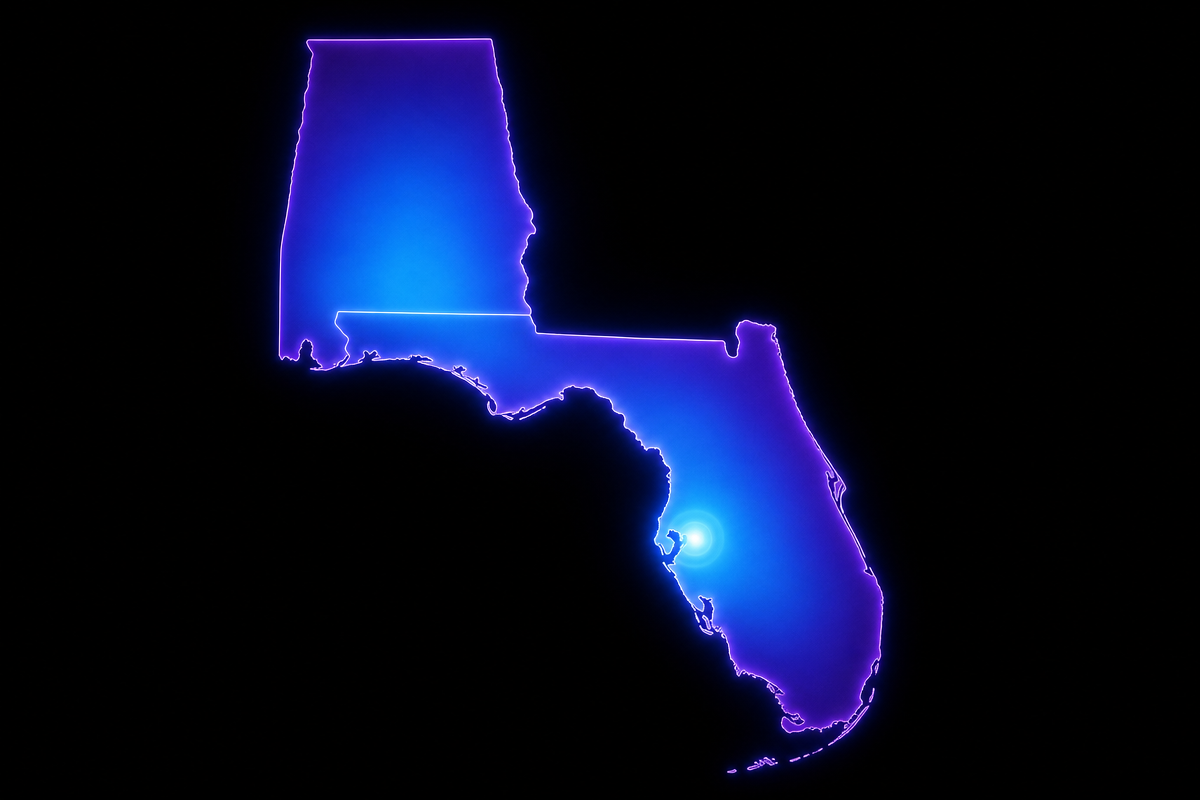 Creative Entertainment service area map across Alabama, the Florida Panhandle, and the Tampa Bay area